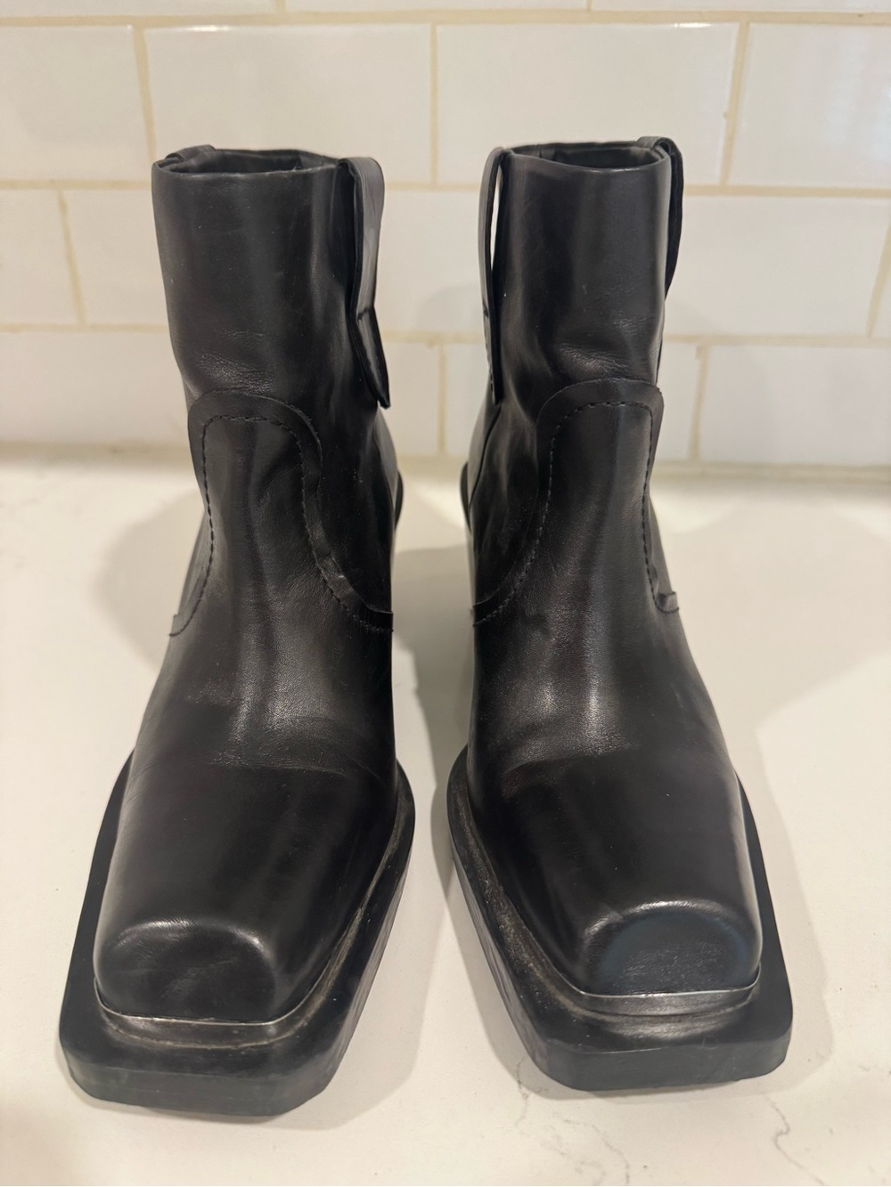 Mango Black Square-Toe Leather Ankle Booties Size 37 (7)